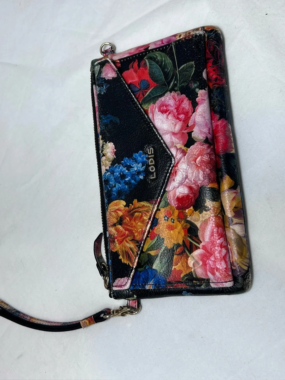 Lodis leather black floral wallet wristlet blush